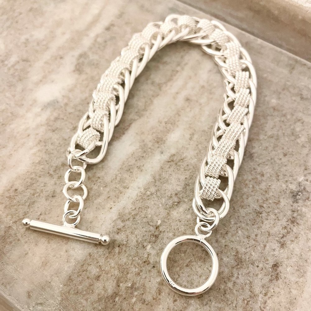 925 Sterling Silver Chunky Chain Link Bracelet Thick Bold Toggle Bracelet - Picture 4 of 5